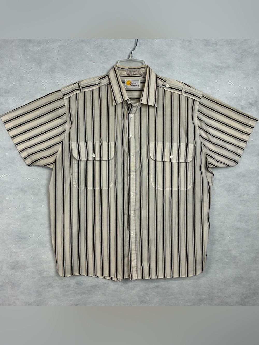 VTG Southern Classics Short Sleeve Casual Shirt Mens XL Brown White Stripe Flaw